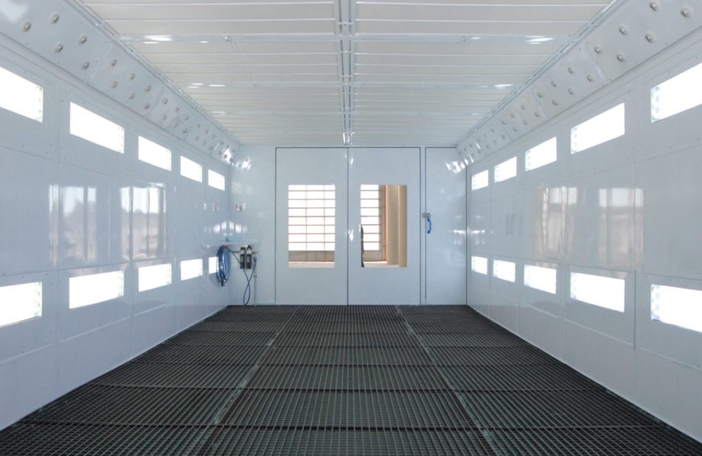 Internal view of a AC75-2800 spray booth showing position of lights and blower system for waterborne paint.